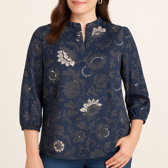 Tucker NYC Navy Paisley Blouse 100% Cotton Size Small - Picture 1 of 7